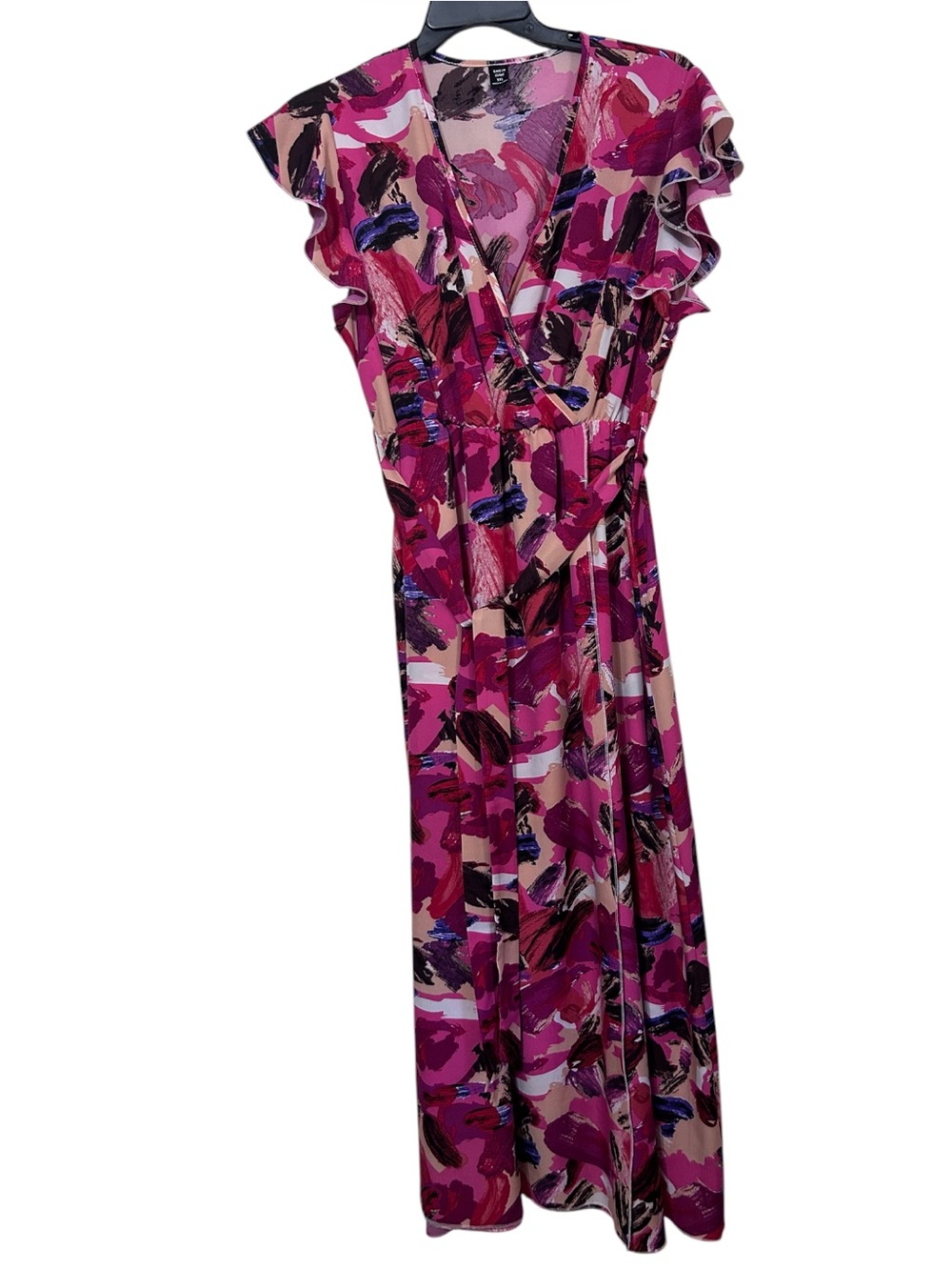 SHEIN Curve Abstract Paintbrush Stroke Maxi Dress 1XL Flutter Sleeve Belted Wrap